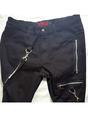 TRIPP NYC Men's Black Punk Solid Jeans Zip Button Strap Buckle Zipper Pockets